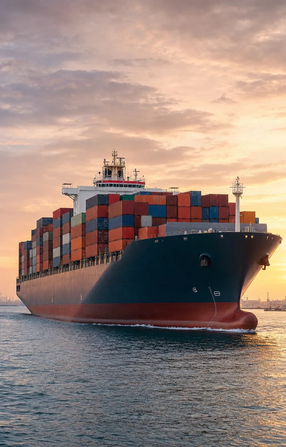 Loaded cargo ship crossing harbor waters