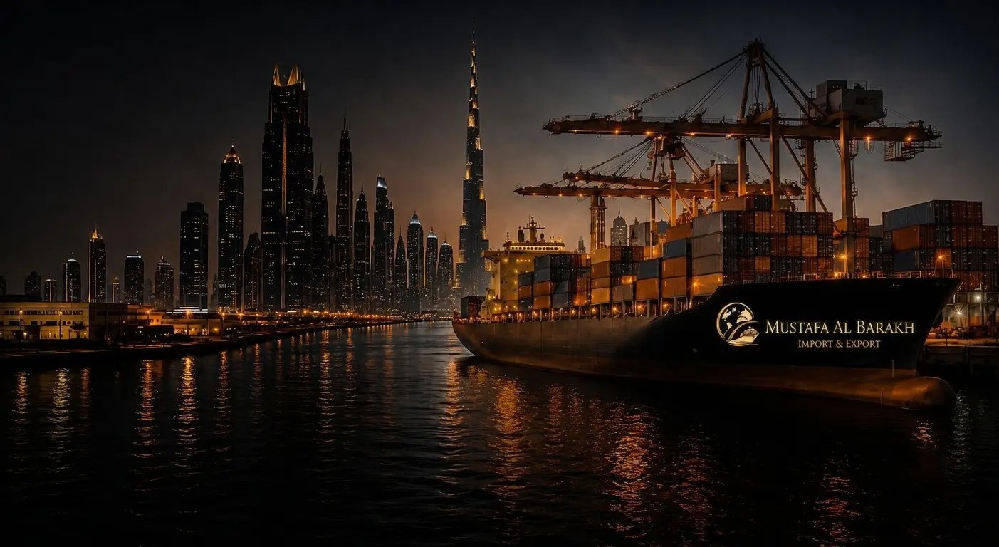 Mustafa Al-Barakh cargo ship at a Dubai port with the city skyline behind it